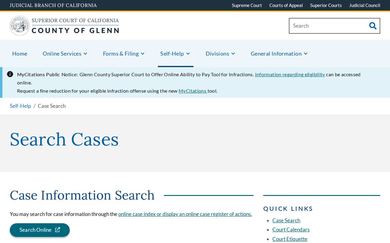 Glenn Superior Court official case search page