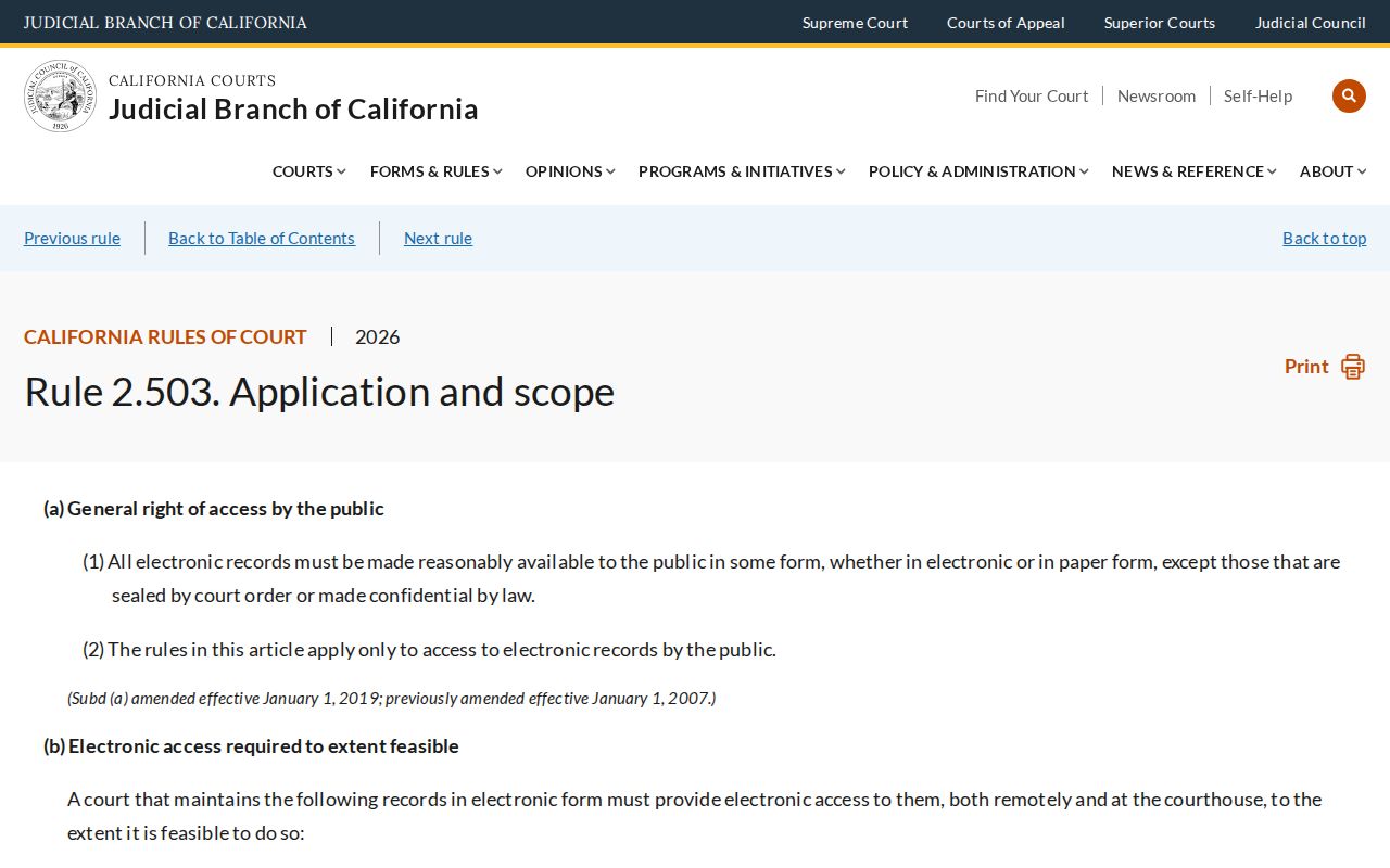 California Rule of Court 2.503 on electronic court record access