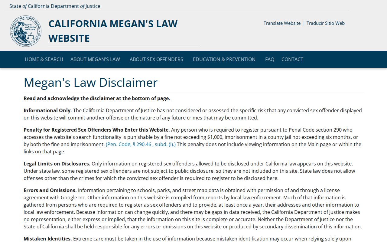 California Megan's Law public registry website