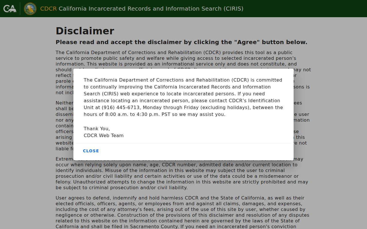 CDCR incarcerated person search interface for state custody