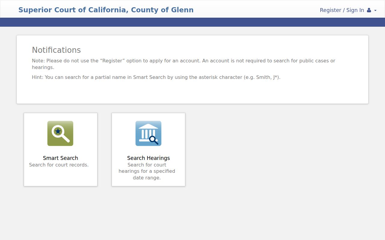 Glenn County Tyler public court portal Smart Search screen