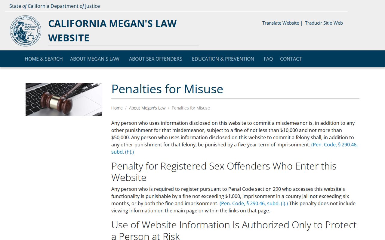 California Megan's Law penalties for misuse of registry information