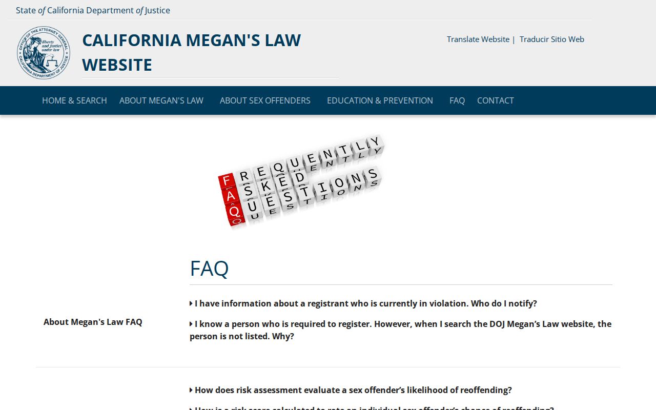 California Megan's Law frequently asked questions about public registry display