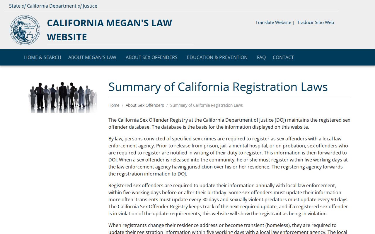 California DOJ summary of sex offender registration and public posting laws